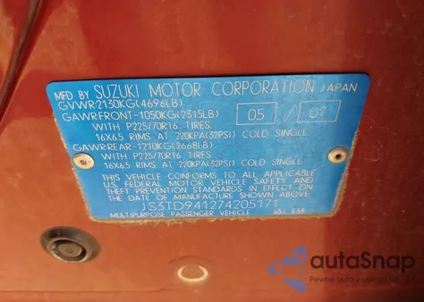 2007 Suzuki Grand Vitara from USA, damaged, VIN JS3TD941274205171